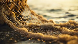 A fishing net rests flat with waves in the background. One corner is being gently pulled up to the side of a boat.